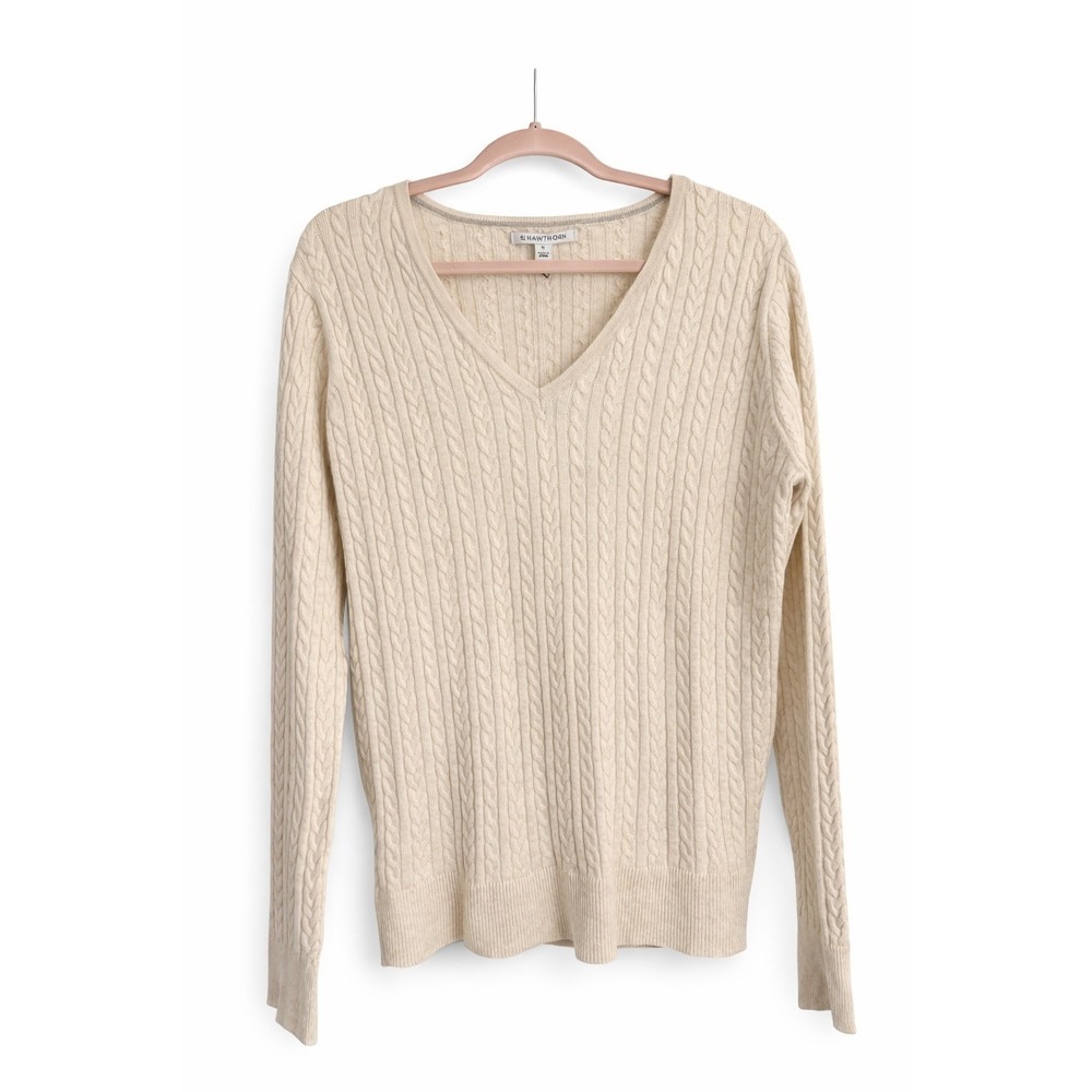 41 Hawthorn Ivory Cable Knit V-Neck Lightweight Sweater XL Preppy Academia NWT